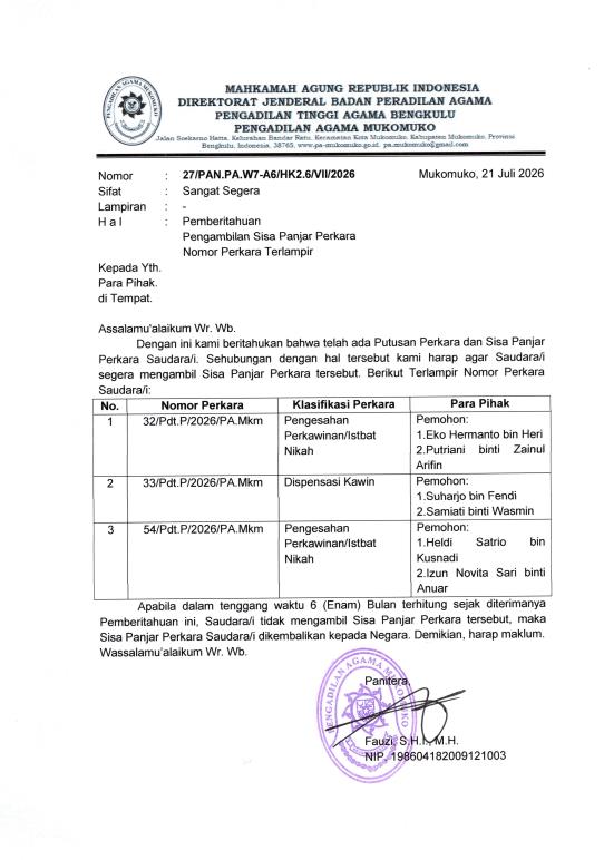 pengumuman sisa panjar perkara